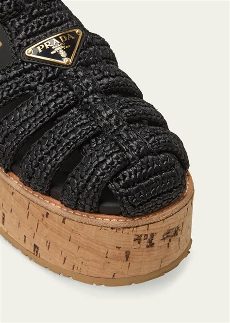 Prada Raffia Cork Platform Fisherman Sandals 